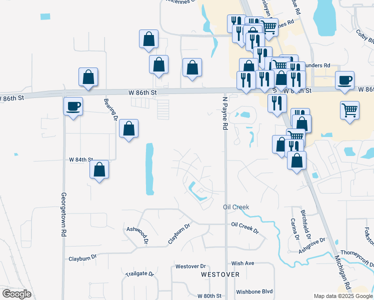 map of restaurants, bars, coffee shops, grocery stores, and more near 8330 Woodall Drive in Indianapolis