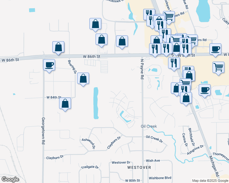 map of restaurants, bars, coffee shops, grocery stores, and more near 8320 Woodall Drive in Indianapolis