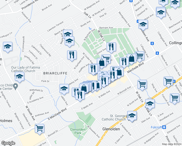map of restaurants, bars, coffee shops, grocery stores, and more near 1048 North Academy Avenue in Glenolden