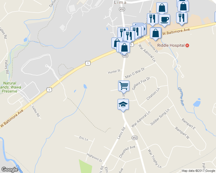 map of restaurants, bars, coffee shops, grocery stores, and more near 19 Overlook Circle in Media