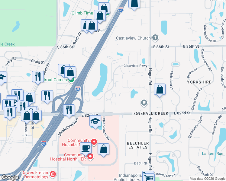 map of restaurants, bars, coffee shops, grocery stores, and more near 8339 Heatherton Drive in Indianapolis