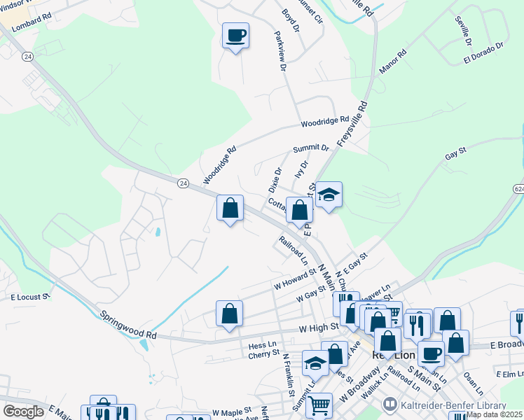 map of restaurants, bars, coffee shops, grocery stores, and more near 511 North Main Street in Red Lion