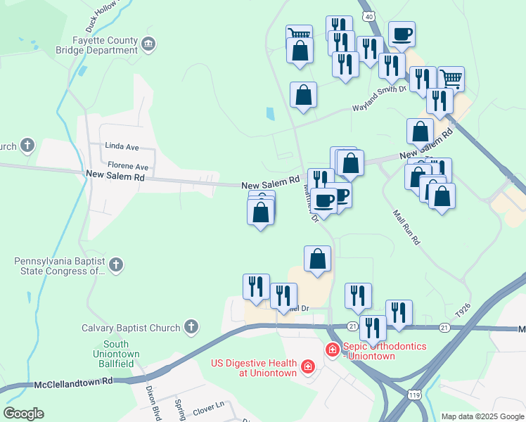 map of restaurants, bars, coffee shops, grocery stores, and more near 120 Matthew Drive in Uniontown