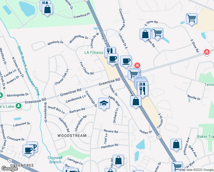 map of restaurants, bars, coffee shops, grocery stores, and more near 12 Apple Way in Marlton