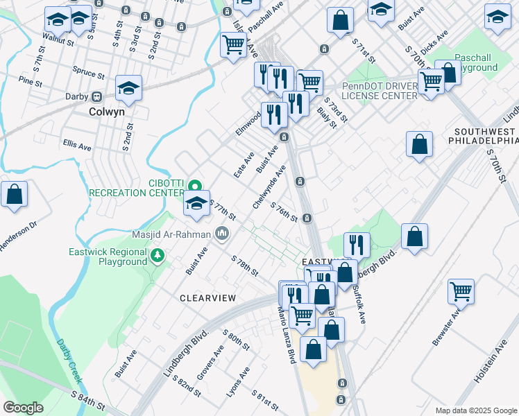 map of restaurants, bars, coffee shops, grocery stores, and more near 7610 Chelwynde Avenue in Philadelphia