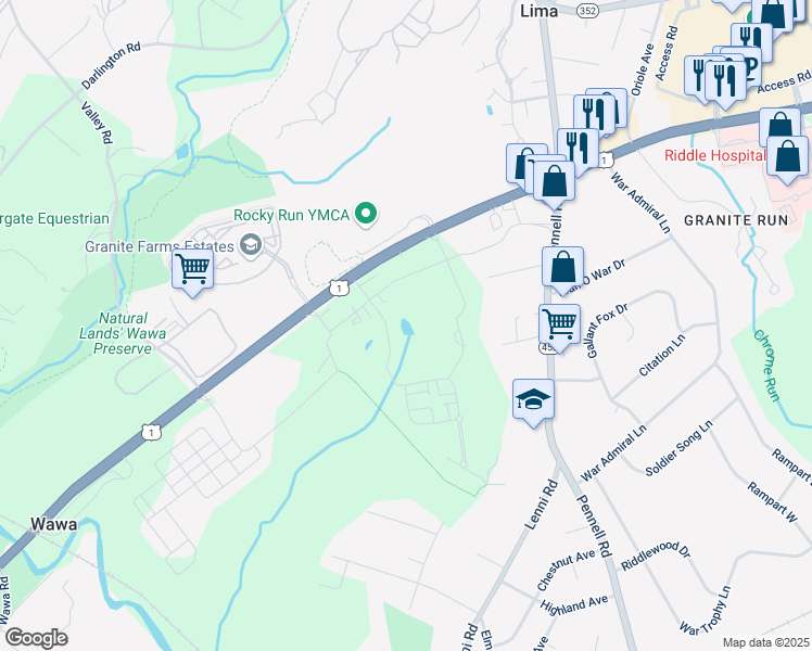 map of restaurants, bars, coffee shops, grocery stores, and more near 135 Ponds Edge Drive in Media