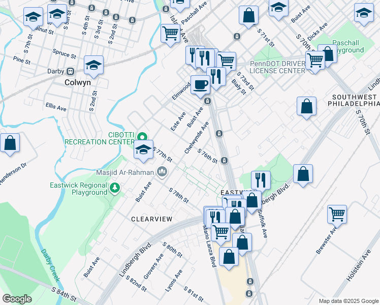 map of restaurants, bars, coffee shops, grocery stores, and more near 7610 Chelwynde Avenue in Philadelphia