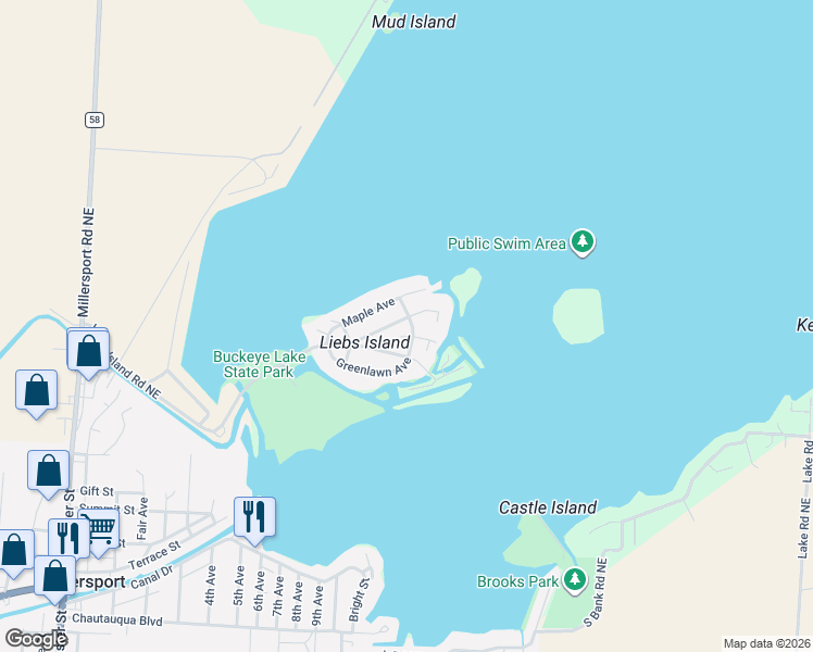 map of restaurants, bars, coffee shops, grocery stores, and more near 12636 Greenlawn Avenue in Millersport