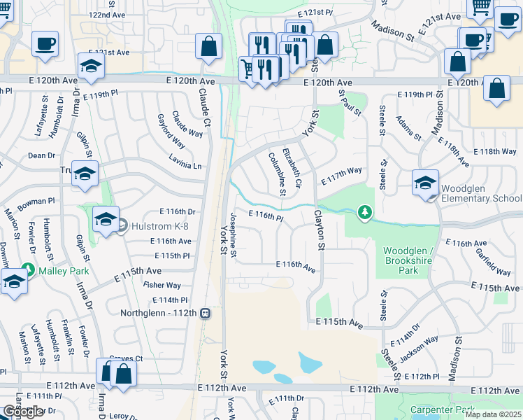 map of restaurants, bars, coffee shops, grocery stores, and more near 2474 East 116th Place in Thornton