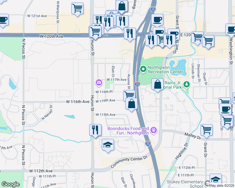 map of restaurants, bars, coffee shops, grocery stores, and more near 525 West 116th Avenue in Northglenn