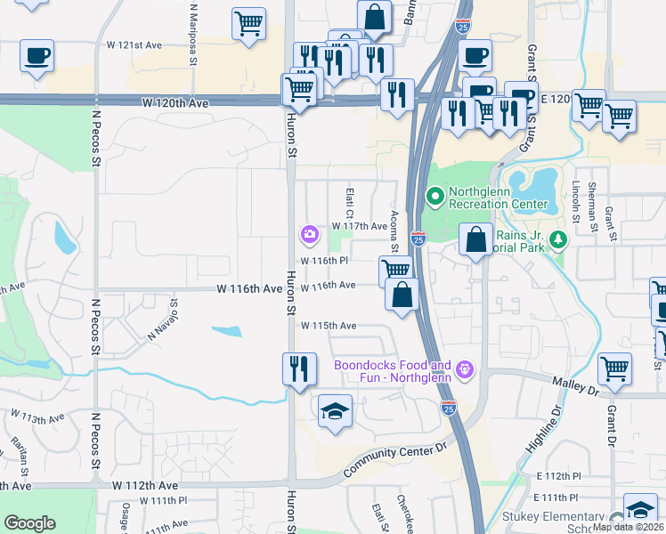 map of restaurants, bars, coffee shops, grocery stores, and more near 525 West 116th Avenue in Northglenn