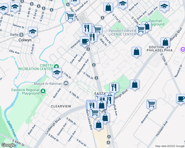 map of restaurants, bars, coffee shops, grocery stores, and more near 9041 Island Avenue in Philadelphia