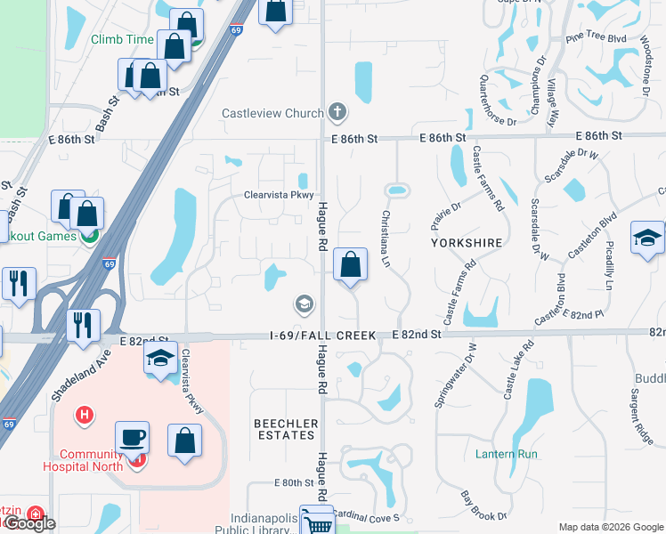 map of restaurants, bars, coffee shops, grocery stores, and more near 8312 Castle Ridge Lane in Indianapolis