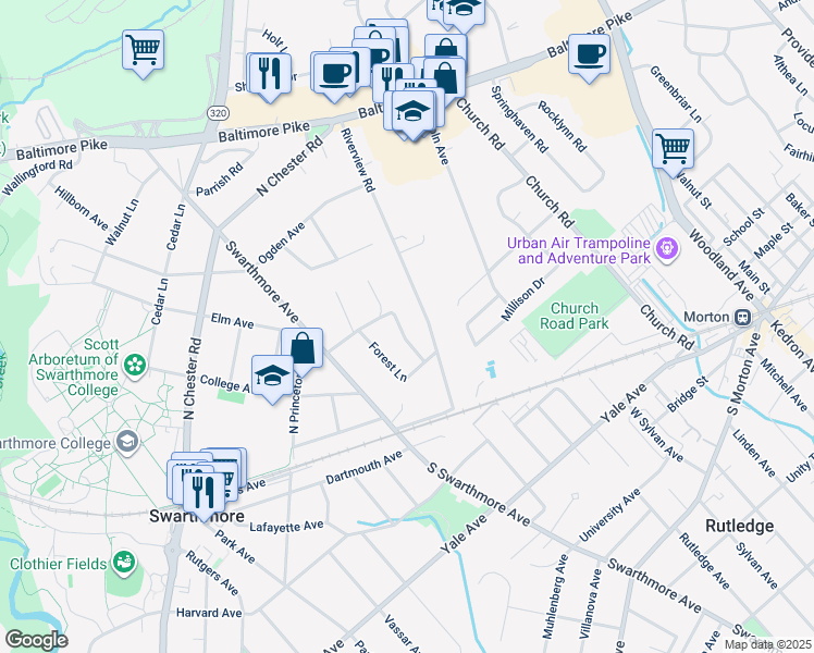 map of restaurants, bars, coffee shops, grocery stores, and more near 30 Dogwood Lane in Swarthmore
