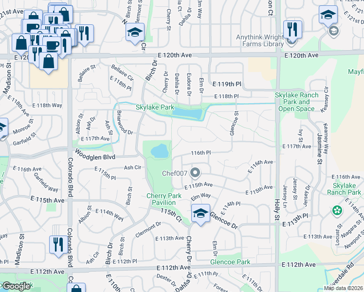 map of restaurants, bars, coffee shops, grocery stores, and more near 11700 Eudora Court in Thornton