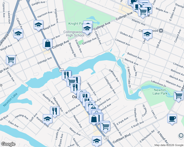 map of restaurants, bars, coffee shops, grocery stores, and more near 125 East Beechwood Avenue in Oaklyn