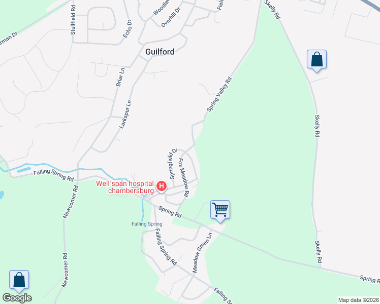 map of restaurants, bars, coffee shops, grocery stores, and more near 2305 Springfield Drive in Chambersburg