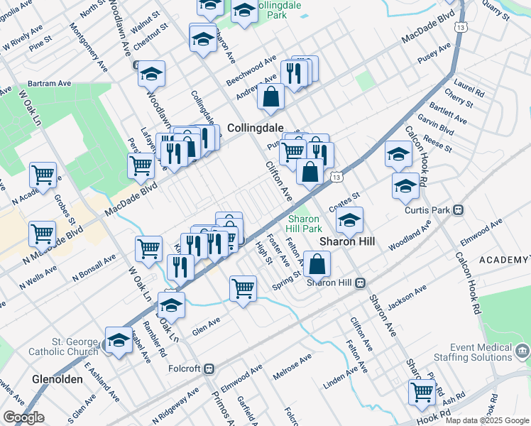 map of restaurants, bars, coffee shops, grocery stores, and more near 98 Frances Avenue in Sharon Hill