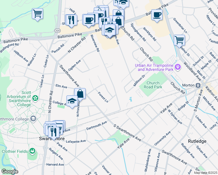 map of restaurants, bars, coffee shops, grocery stores, and more near 30 Dogwood Lane in Swarthmore