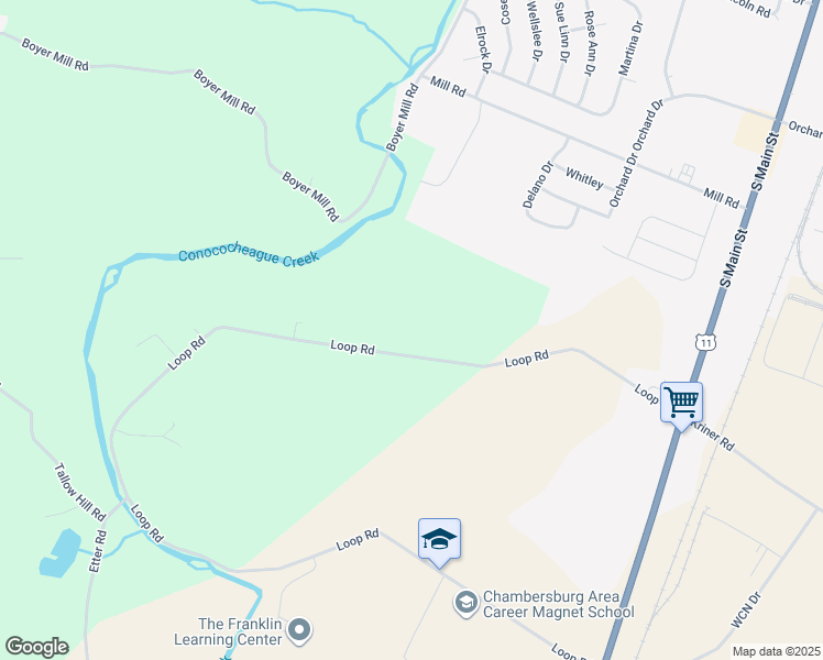 map of restaurants, bars, coffee shops, grocery stores, and more near 2063 Loop Road in Chambersburg