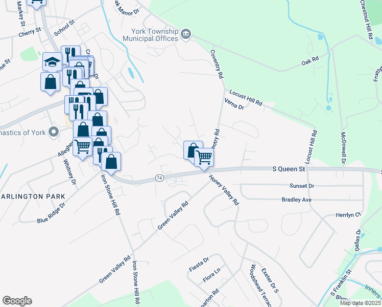 map of restaurants, bars, coffee shops, grocery stores, and more near 204 Ark Drive in Dallastown