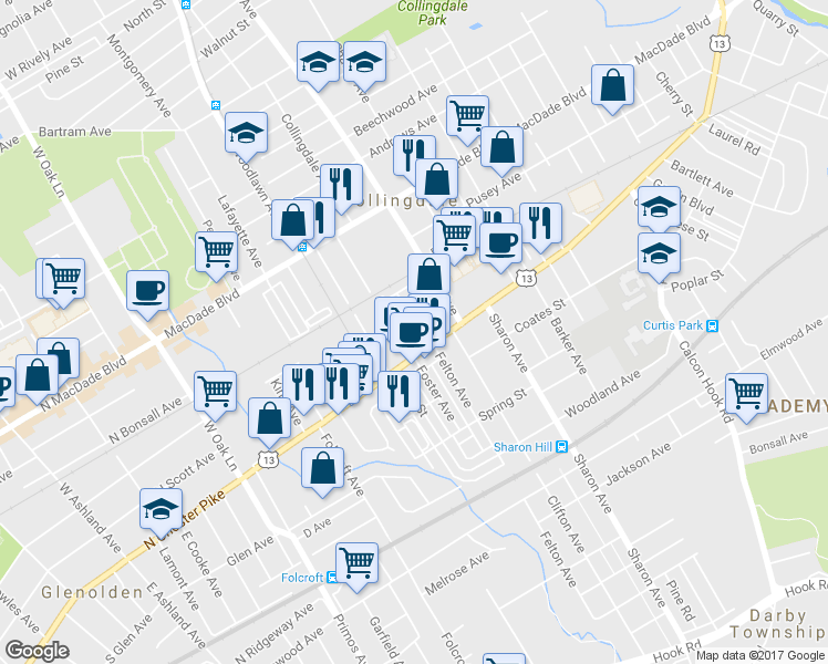 map of restaurants, bars, coffee shops, grocery stores, and more near 98 Frances Avenue in Sharon Hill