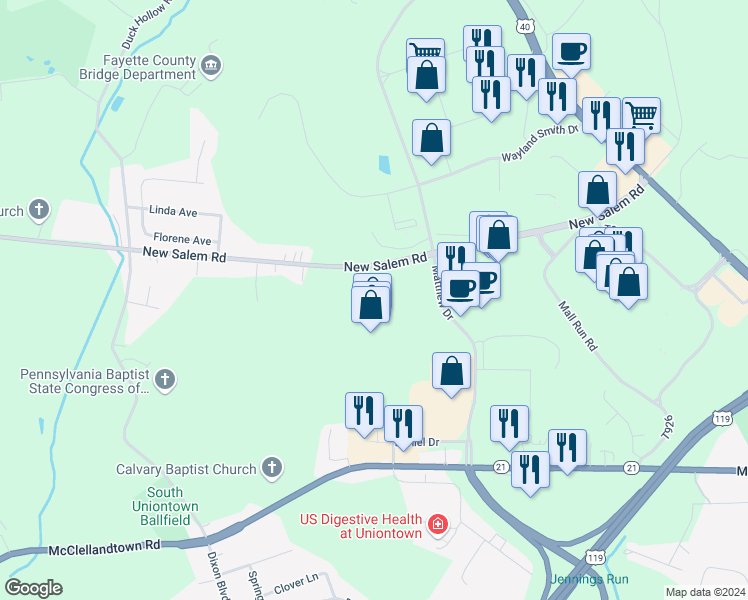 map of restaurants, bars, coffee shops, grocery stores, and more near 120 Matthew Drive in Uniontown
