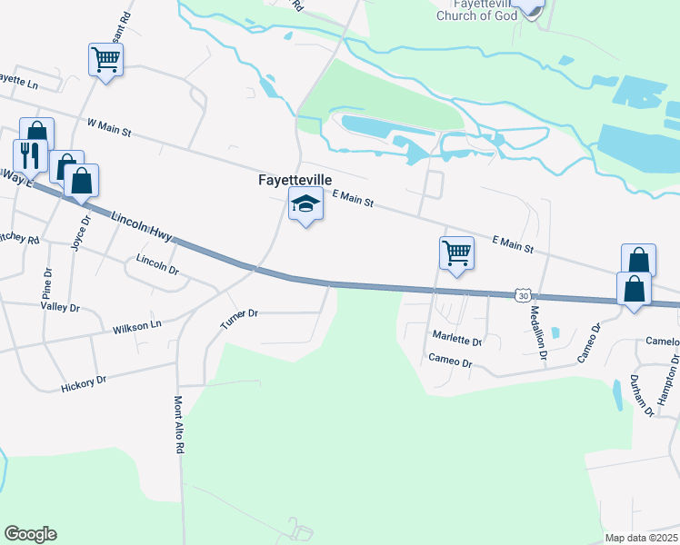 map of restaurants, bars, coffee shops, grocery stores, and more near 5125 Lincoln Way East in Fayetteville