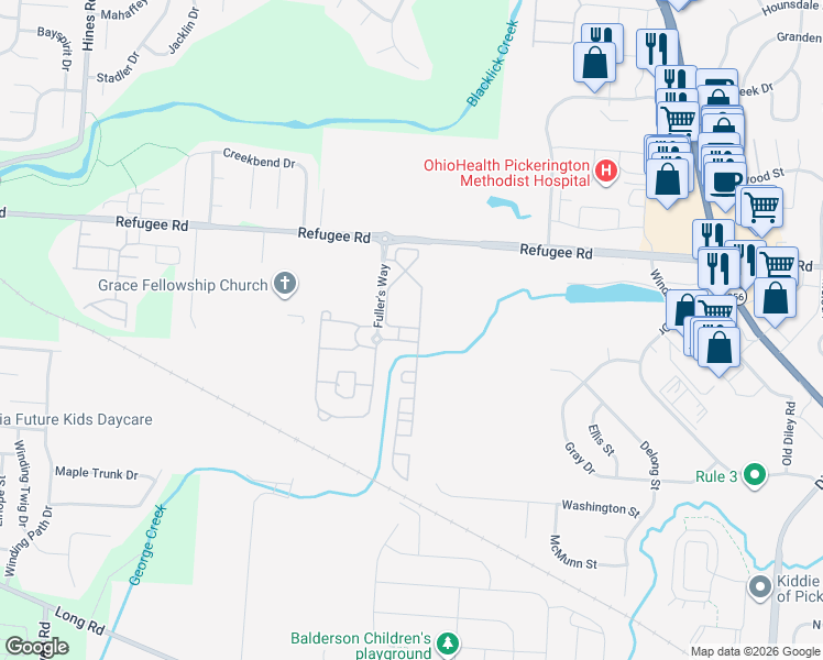 map of restaurants, bars, coffee shops, grocery stores, and more near 51 Great Trail Street in Pickerington