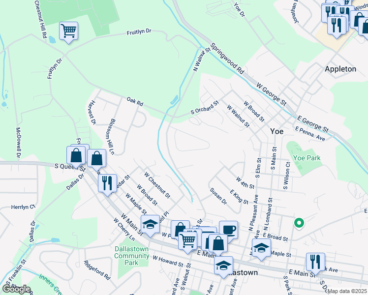 map of restaurants, bars, coffee shops, grocery stores, and more near 741 Franlyn Drive in Dallastown
