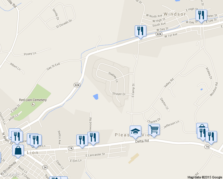 map of restaurants, bars, coffee shops, grocery stores, and more near 680 Strayer Drive in Windsor