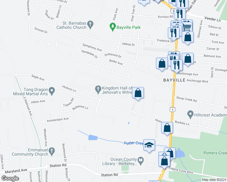 map of restaurants, bars, coffee shops, grocery stores, and more near 31 Bridal Path in Berkeley Township