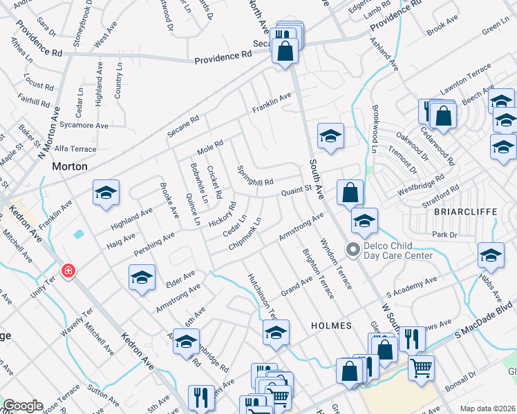 map of restaurants, bars, coffee shops, grocery stores, and more near 2371 Chipmunk Lane in Delaware County