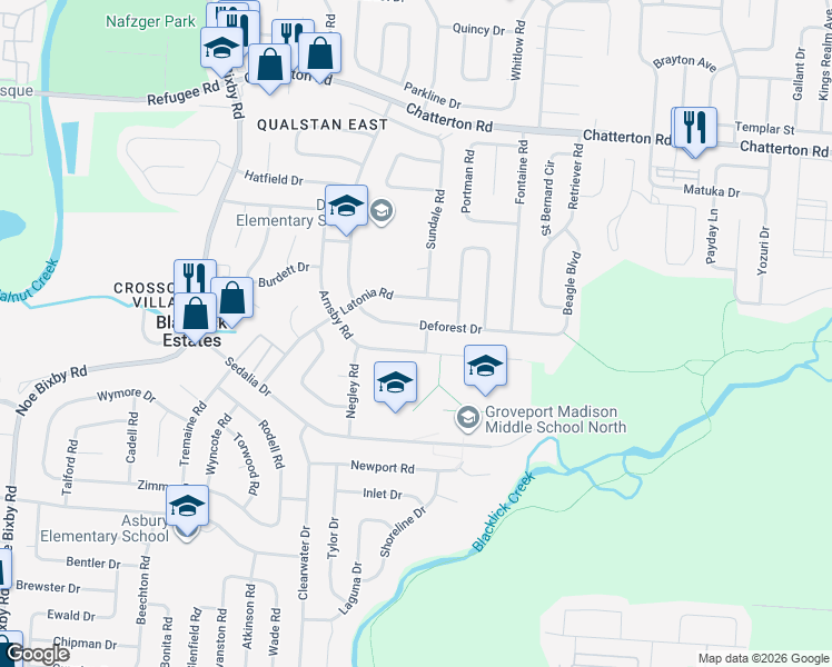 map of restaurants, bars, coffee shops, grocery stores, and more near 3440 Arnsby Road in Columbus
