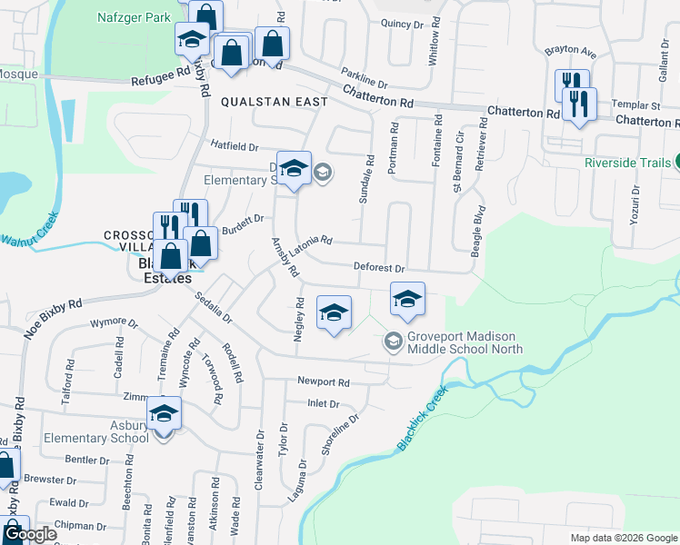 map of restaurants, bars, coffee shops, grocery stores, and more near 3440 Arnsby Road in Columbus