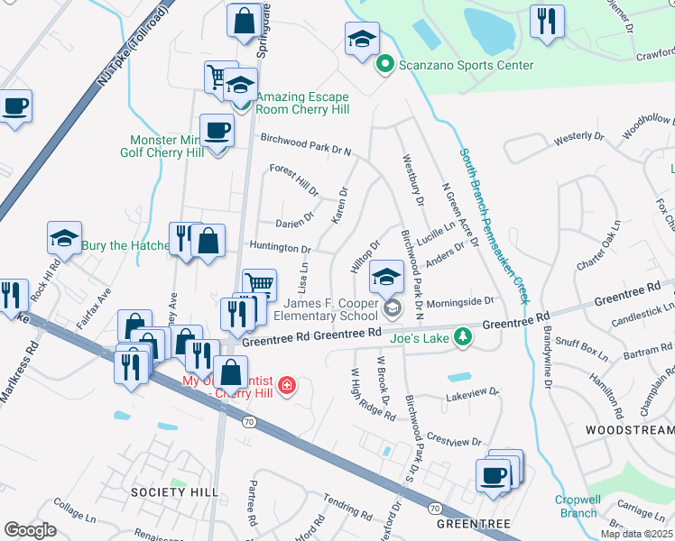 map of restaurants, bars, coffee shops, grocery stores, and more near 8 Hilltop Drive in Cherry Hill