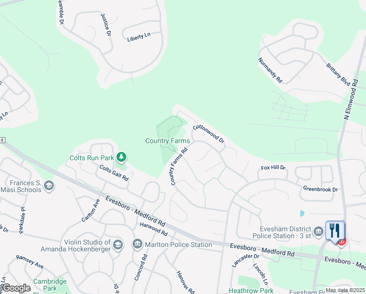 map of restaurants, bars, coffee shops, grocery stores, and more near 166 Country Farms Road in Evesham