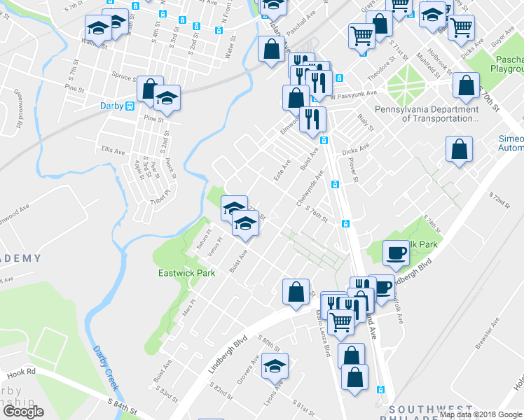 map of restaurants, bars, coffee shops, grocery stores, and more near 2545 South 77th Street in Philadelphia