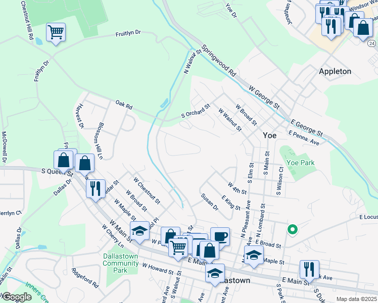 map of restaurants, bars, coffee shops, grocery stores, and more near 741 Franlyn Drive in Dallastown