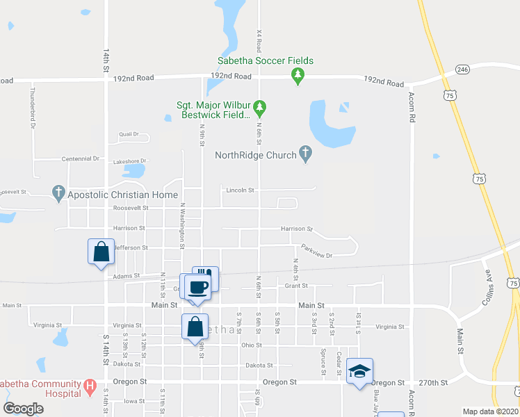 map of restaurants, bars, coffee shops, grocery stores, and more near 598 North 6th Street in Sabetha