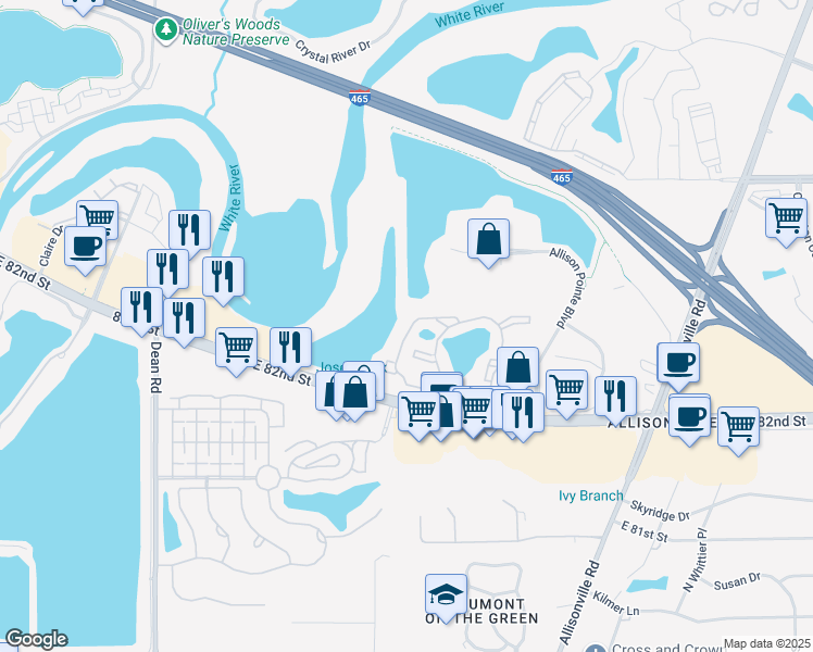 map of restaurants, bars, coffee shops, grocery stores, and more near 8224 Lakeshore Circle in Indianapolis