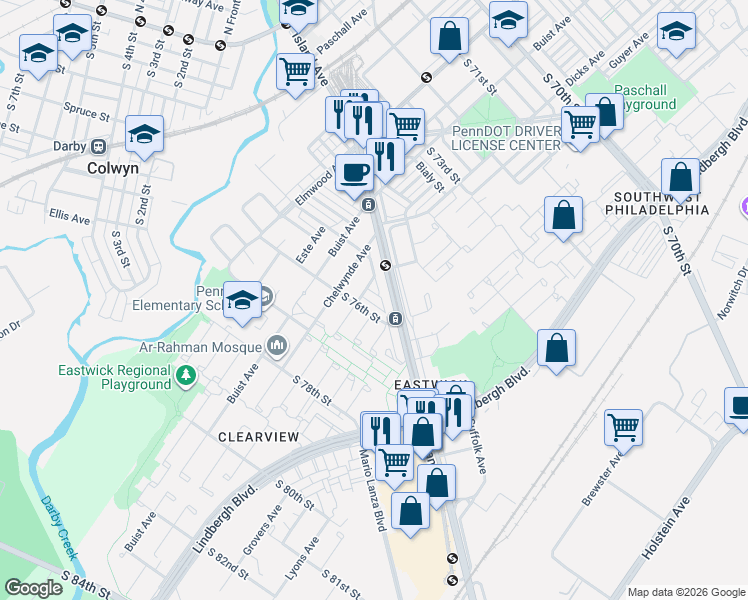 map of restaurants, bars, coffee shops, grocery stores, and more near 2712 South 76th Street in Philadelphia