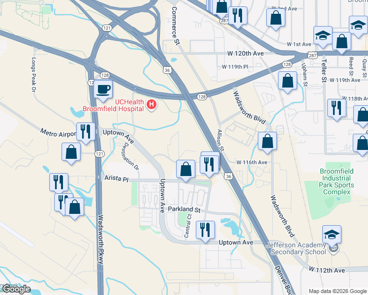 map of restaurants, bars, coffee shops, grocery stores, and more near 8221 Transit Way in Broomfield