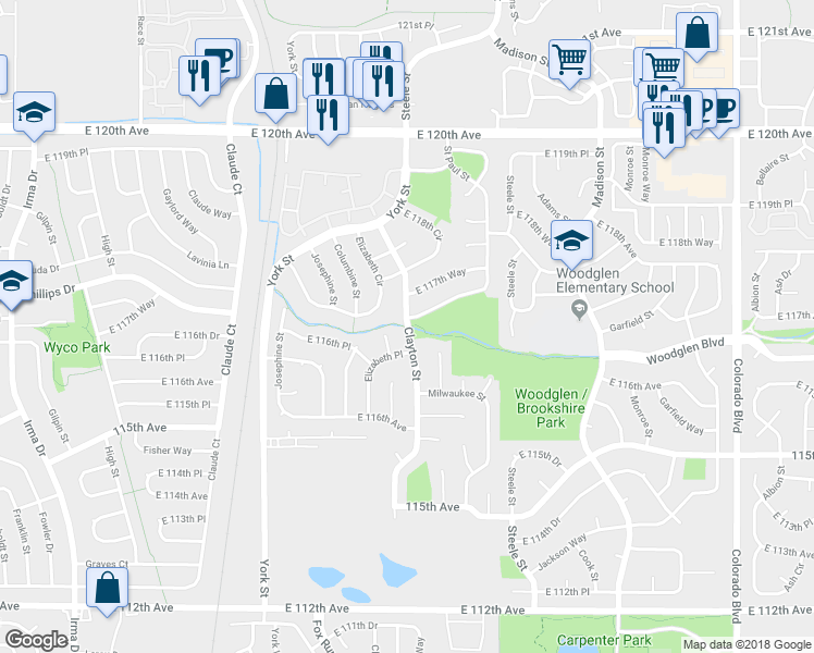 map of restaurants, bars, coffee shops, grocery stores, and more near 11743 Clayton Street in Denver