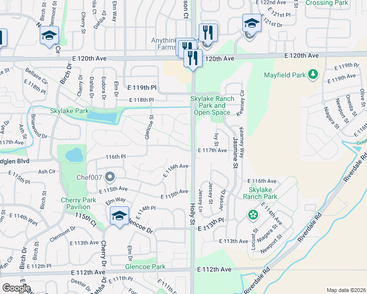 map of restaurants, bars, coffee shops, grocery stores, and more near 5480 East 117th Avenue in Thornton