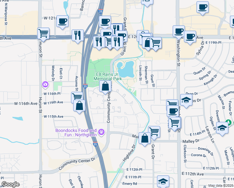 map of restaurants, bars, coffee shops, grocery stores, and more near 11614 Community Center Drive in Northglenn