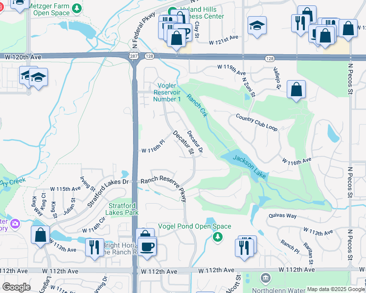 map of restaurants, bars, coffee shops, grocery stores, and more near 11567 Decatur Street in Westminster