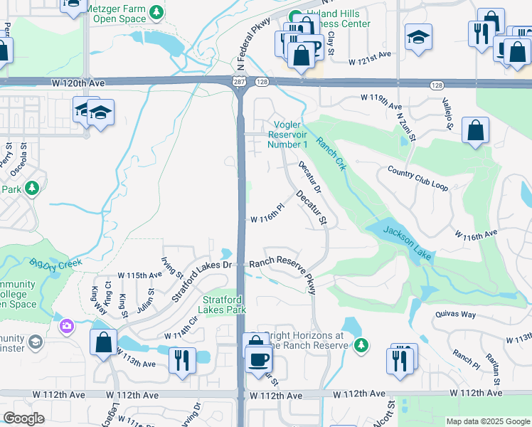 map of restaurants, bars, coffee shops, grocery stores, and more near 11630 Federal Boulevard in Westminster