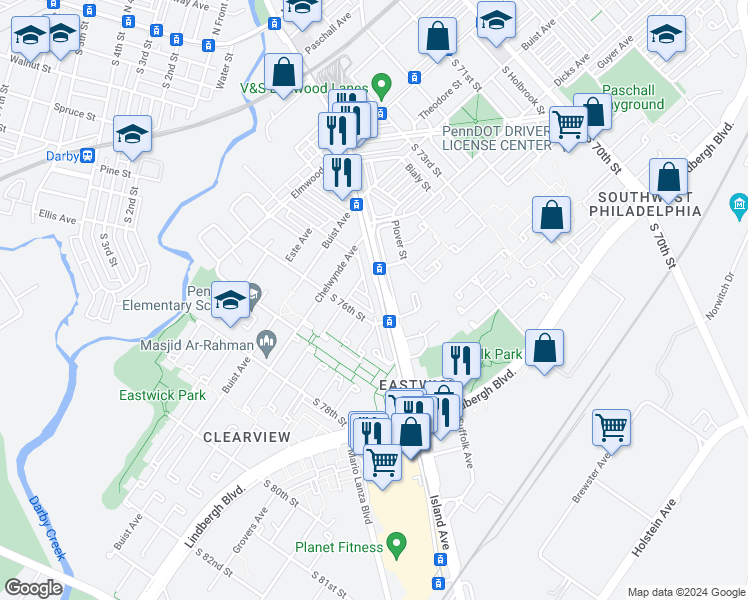 map of restaurants, bars, coffee shops, grocery stores, and more near 9041 Island Avenue in Philadelphia
