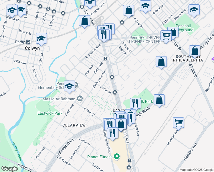 map of restaurants, bars, coffee shops, grocery stores, and more near 2712 South 76th Street in Philadelphia